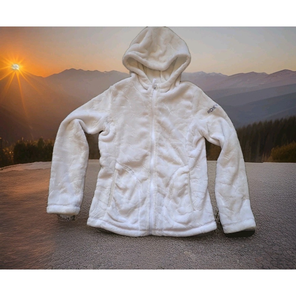 Roxy Fleece Hoodie Girls Size 10 White Excellent Full Zip Plush Textured Jacket‎